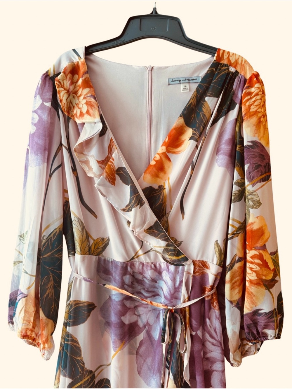 ELEGANT FLORAL WRAP MAXI DRESS 3/4 SLEEVE V-NECK TIERED RUFFLE HEM Women’s 16 - Picture 6 of 15